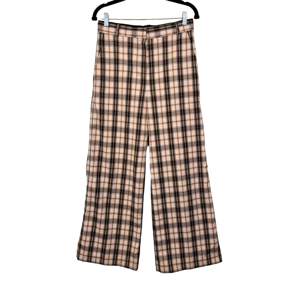 Cafe Noir Plaid Trouser Pants Womens M Tan Wide Leg Stretch Flat Front Career
